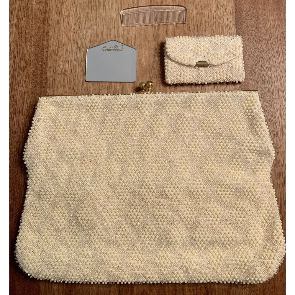 Vintage Cream Beaded Tote with Matching Coin Purse - Gold Hardware